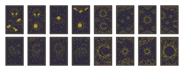 Vector illustration of Tarot aesthetic golden card set. Heavenly tarot designs for oracle card covers. Vector illustration