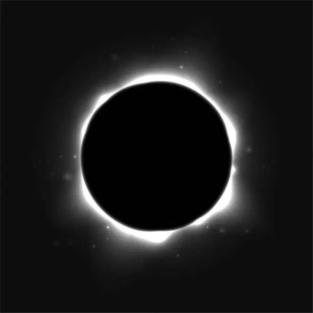 Vector illustration of Sun full eclipse concept. Light grey moon glow background. Solar or planet total eclipse in dark space. Hot star surface flare with rays and beams effects. Vector supernova corona illustration