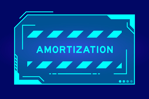 Blue color of futuristic hud banner that have word amortization on user interface screen on black background