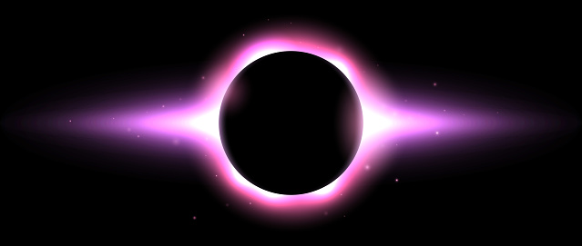 Iridescent round aura eclipse. Pink purple planet glow background. Sun or moon total eclipse in dark space. Star aurora flare with sparks and sparkles effects. Vector illustration