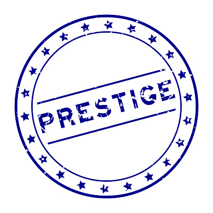 Grunge blue prestige word round rubber seal stamp on white background
