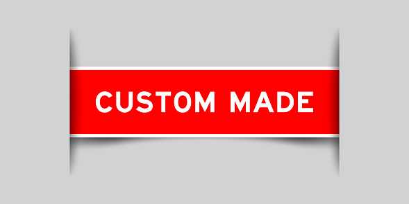 Red color square label sticker with word custom made that inserted in gray background