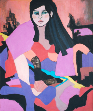 Modern abstract oil on canvas painting of dark-haired woman seated with pile of colorful fabric