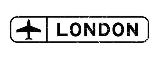 Vector illustration of Grunge black london word with plane icon square rubber seal stamp on white background