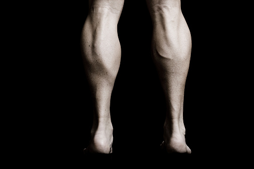 The muscular Calves of a Body Builder shot in a studio environment with a black backdrop