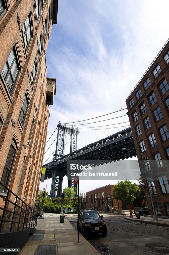 Manhattan Bridge The Manhattan Bridge seen from the DUMBO neighborhood in Brooklyn Architecture Stock Photo