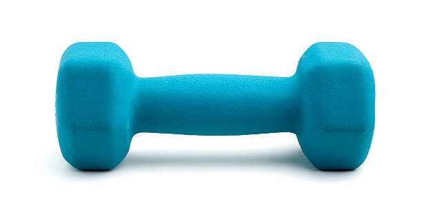 Light blue dumbbell weight in white background stock photo