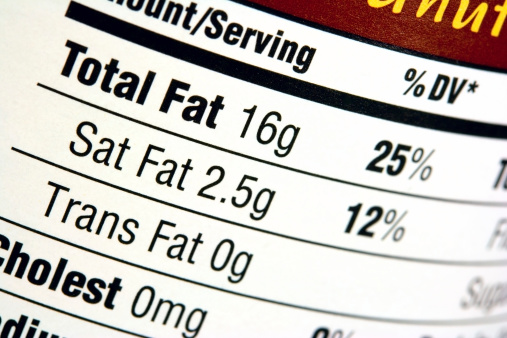 A nutrition label with a high fat content.  Very shallow depth of field.  Focus on the bold word Fat.