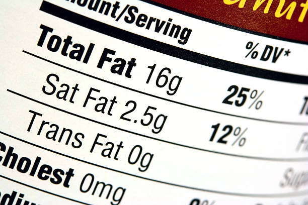 Nutrition Label A nutrition label with a high fat content.  Very shallow depth of field.  Focus on the bold word Fat. food and drug administration photos stock pictures, royalty-free photos & images