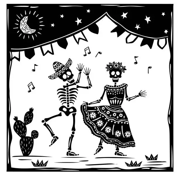 Vector illustration of Couple of skulls dancing. Man with sombrero and woman with dress and flowers on head.for Halloween or DIA DE LOS MUERTOS. Vector woodcut or lino print style.