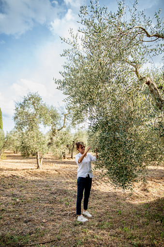 Adult woman checking Olive tree crops