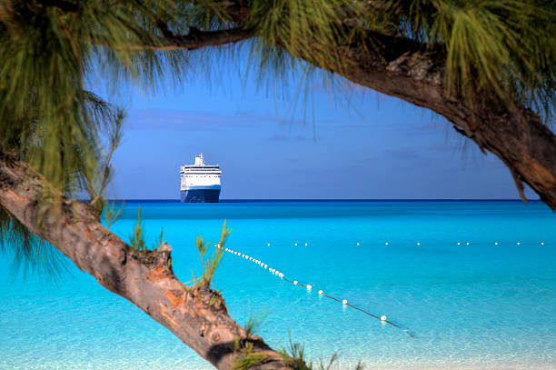 Beach, Seas and Ship A ship waits on the horizon on a beautiful beach in the Caribbean. cruising stock pictures, royalty-free photos & images