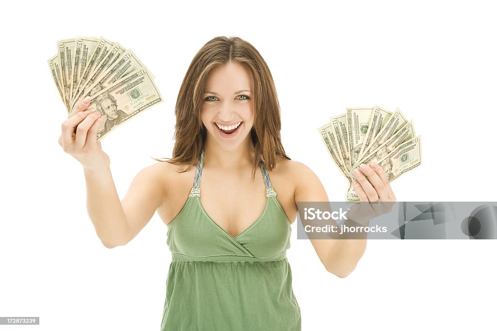 Feliz Jovem mulher segurando o dinheiro - Foto de stock de Moeda Corrente royalty-free