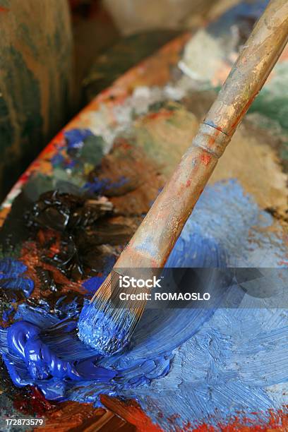 Paintbrush With Oil Paint On A Classical Palette Stock Photo - Download Image Now - Art, Art And Craft, Art Studio