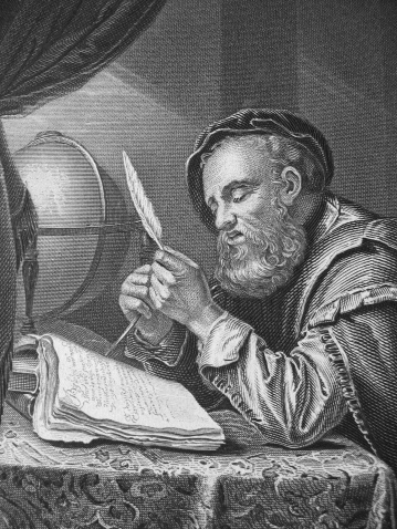 An engraved vintage portrait illustration image of Galileo from a Victorian book dated 1877 that is no longer in copyright