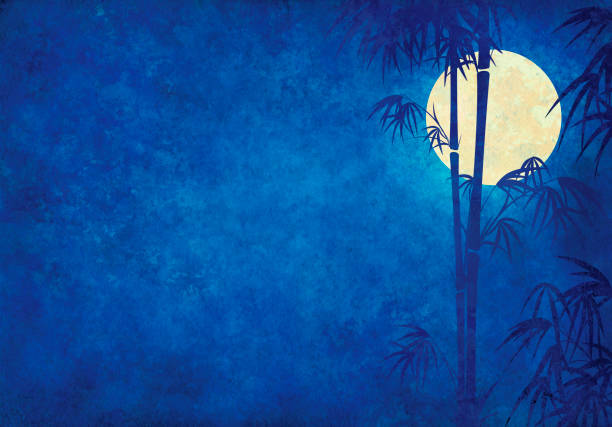 grunge japanese night with bamboo and moon