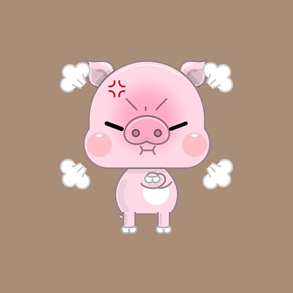 A Cute Cartoon Pink Pig, Standing with His Arms Crossed. Extremely Angry, and Steaming Smoke from His Head. Vector Illustration.