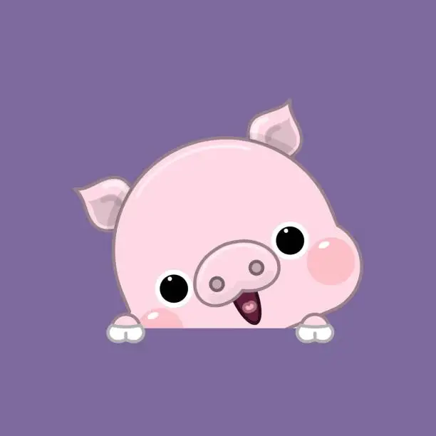 Vector illustration of A Cute Cartoon Pink Pig Peeks Out and Smiles to Greet. Vector Illustration.