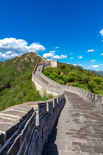 Low angle view of a classic watchtower on the Great Wall at Mutianyu near Beijing Also see: