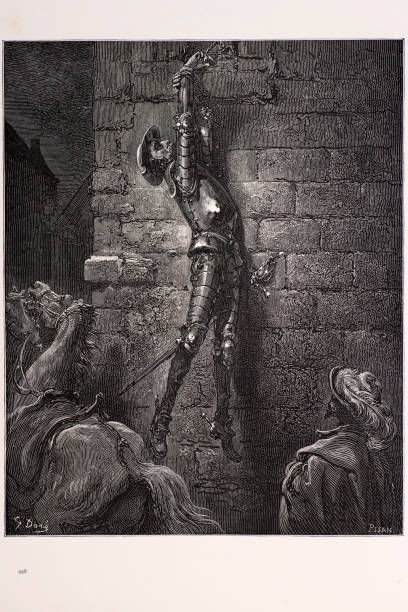 The Don's Misadventure "The Don's Misadventure, a scene from Don Quixote. Engraving from 1870. Engraving by Gustave Dore, Photo by D Walker." don quixote stock illustrations