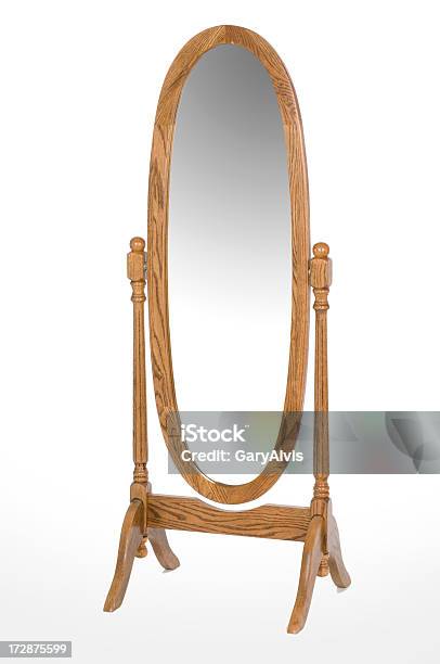 An Oval Oak Full Length Mirror Stock Photo - Download Image Now - Mirror - Object, Vanity Mirror, White Background