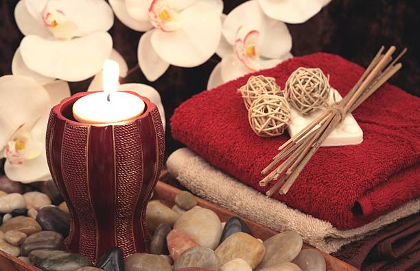 istock Spa Candle & Orchids with towels, pebbles, soap 172876240