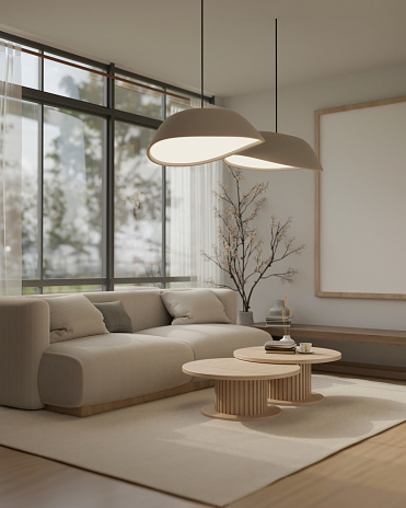 Interior design of a cosy minimal Scandinavian living room with a comfy couch against the large window, a coffee table on a carpet, pendant lights, and decor. 3d render, 3d illustration