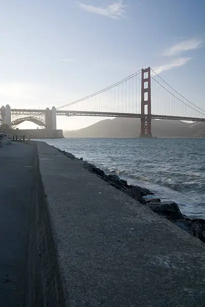 Sun rising over behind the Golden Gate Bridge in San Francisco.