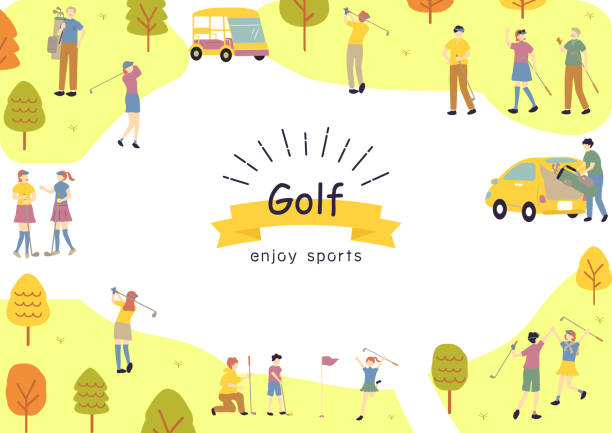 illustrazioni stock, clip art, cartoni animati e icone di tendenza di l'illustrazione di persone che si godono il golf - golf golf club golf course teeing off