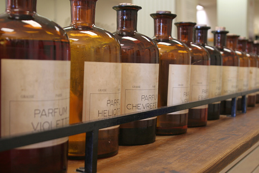 Bottles of ingredients for perfume, City of Perfume, Grasse, France. Can also be used as pharmacy or chemistry background.