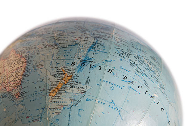 World Globe with Map of the South Pacific Ocean stock photo