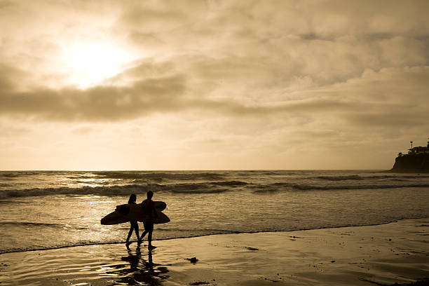istock Surfer Couple Walking in Sunset 172878835