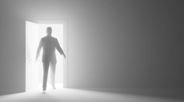 istock Business Man Walking Through Door and Glowing Light 3D Illustration 1728790012