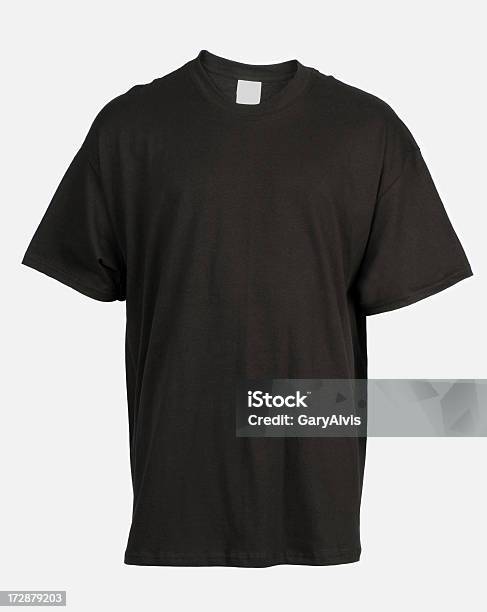 Vista Frontal Do Branco Preto Tshirtisolado A Branco - Fotografias de stock e mais imagens de Algodão