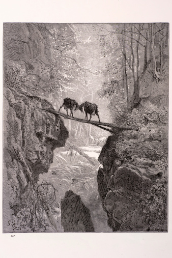 The two goats, a scene from the fables of La Fontaine. Engraving from 1870. Engraving by Gustave Dore, Photo by D Walker.