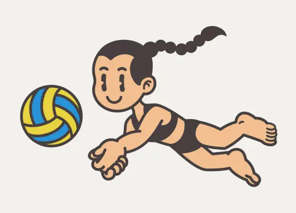 Vector illustration of Happy Girl Playing Beach Volleyball