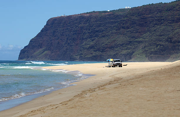 suv polihale ビーチで - polihale beach beach car na pali coast ストックフォトと画像