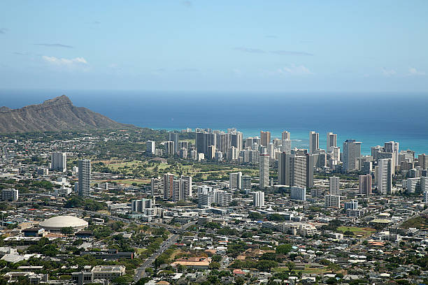 Waikiki and Diamond Head View of Diamond Head and Waikiki. waikiki hawaii stock pictures, royalty-free photos & images