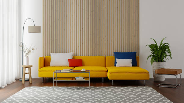 istock Soft-lit living room interiors with white walls and yellow sofas, 3d rendering 1728812456