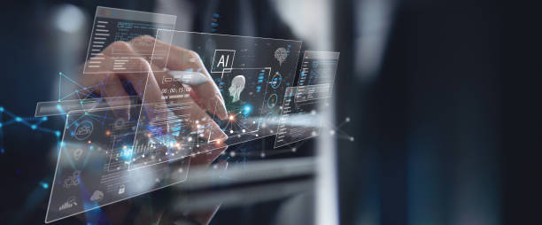 AI Artificial Intelligence. Business man using AI technology for data analysis, coding computer language with digital brain, machine learning on virtual screen, business intelligence AI Artificial Intelligence. Business man using AI technology for data analysis, coding computer language with digital brain, machine learning on virtual screen, business intelligence machine learning stock pictures, royalty-free photos & images