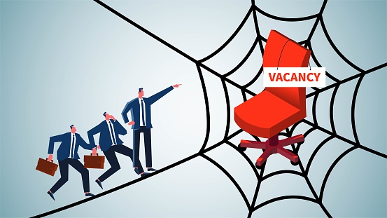 Recruitment traps, misdirected employment, social media networking platforms recruiting risks, job-seeking businessmen walking on giant cobwebs and pointing uncertainly to vacant office chairs on the cobwebs