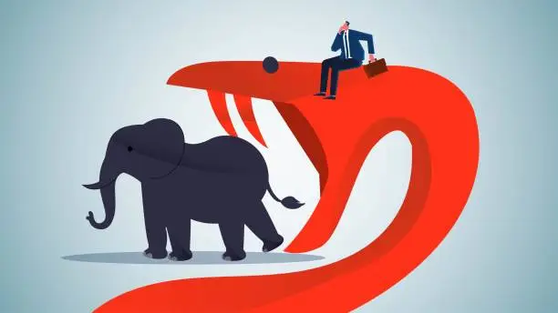 Vector illustration of Unsatisfied desires, greedy people, businessmen sitting on the head of a huge snake watching the giant snake eat the elephant