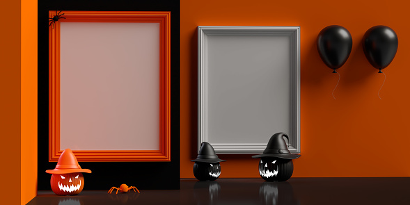 Empty vertical frame on Halloween decorated background with bizarre smiling pumpkins, spider and balloons. Minimalist product display, sales or discount poster, marketing template in 3D illustration design with copy space. Traditional autumn festival.