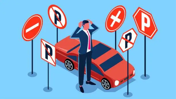 Vector illustration of Parking banned, parking spaces full, parking spaces in short supply, parking problems, traffic problems, social problems, isometric annoyed businessmen can't find a parking space