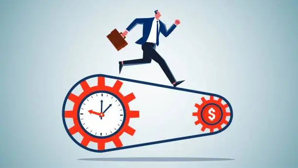 Vector illustration of Time is money, work hard to make money, optimize work efficiency, reduce the cost of time to improve efficiency and profits, businessmen work hard to run on the chain of the clock and money gears