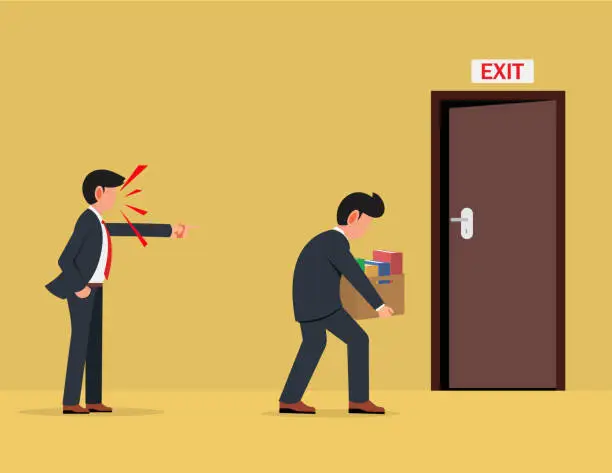 Vector illustration of Unemployment Problem, Angry boss firing employee. Businessman employer person dismissing employee pointing at the door.