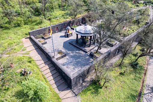 Pune, India - October 10 2023: The Tanaji Malusare Samadhi memorial at Sinhagad fort, near Pune India.