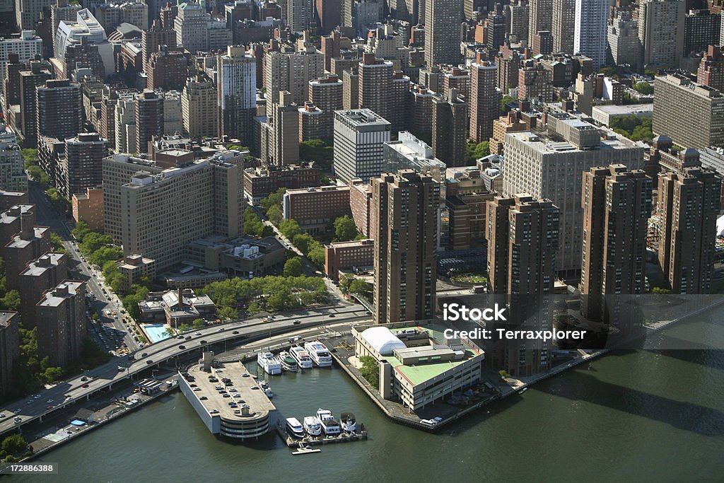 New York Apartment Buildings and Waterfront "Aerial view of hospital buildings, FDR Drive and Waterside Towers by East River in Manhattan's East Side, New York City, NY, USA." New York City Stock Photo