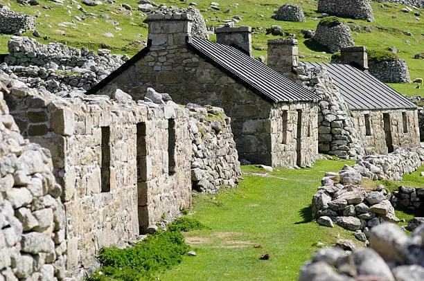 "The main street of ruined and restored cottages on Hirta, the main island of the St Kilda archipelago."