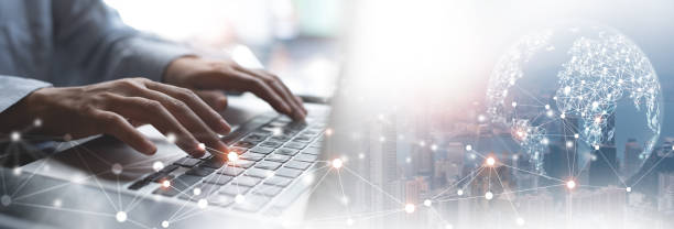 istock Digital technology, global internet network connection, big data, digital marketing IoT internet of things. Woman using modern computer surfing internet futuristic technology background 1728869494